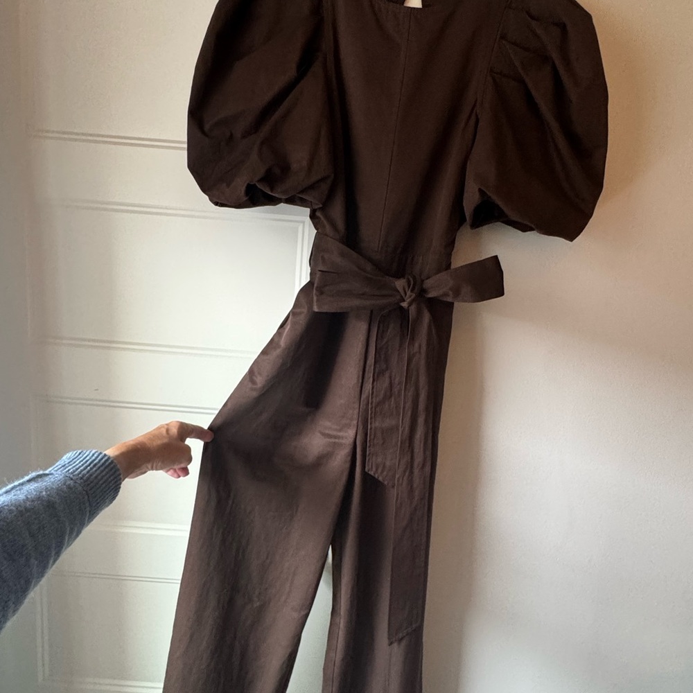 Anthropology En Saison Chocolate Short Puff Sleeve, backless Jumpsuit - Picture 3 of 8